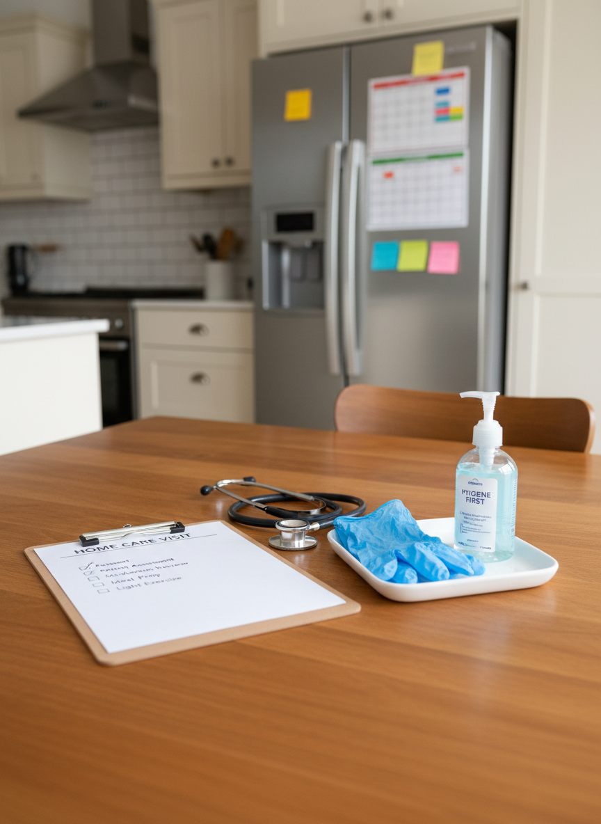 A polished wooden dining table carefully set for a home care visit, with a neatly arranged clipboard care checklist, a stethoscope resting beside it, a folded pair of latex-free gloves, and a bottle of hand sanitizer placed on a clean white tray. In the background, slightly blurred, a tidy kitchen with soft neutral tones and a refrigerator displaying a colorful weekly schedule and reminder notes. Diffused midday light enters from a side window, producing even, soft illumination and minimal shadows. Photographic realism, shot at eye level with balanced composition, creating a professional, organized, and reassuring mood that communicates preparedness and structured support within a familiar home setting.