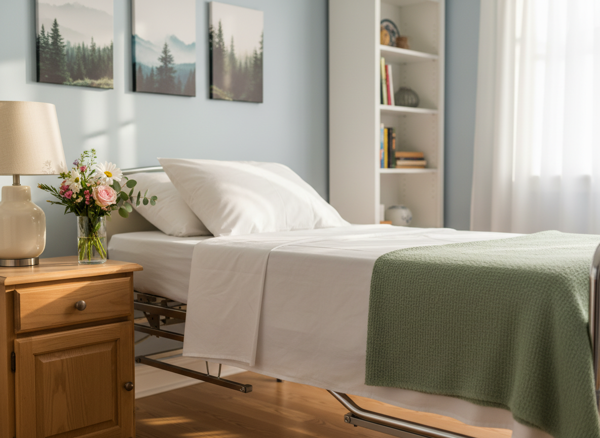 A neatly made hospital-style adjustable bed with crisp white linens, a soft sage-green blanket folded at the foot, and a polished wooden bedside table holding a ceramic lamp and a small glass vase with fresh flowers. The scene is set in a bright, tidy living room converted into a care space, with framed nature art on pale blue walls and a bookshelf in the softly blurred background. Warm afternoon light filters through sheer curtains, creating gentle highlights on the metal railings and subtle shadows on the floor. Photographic realism, shot at eye level with a shallow depth of field, conveying a calm, professional, and welcoming atmosphere suitable for a trusted home care service.
