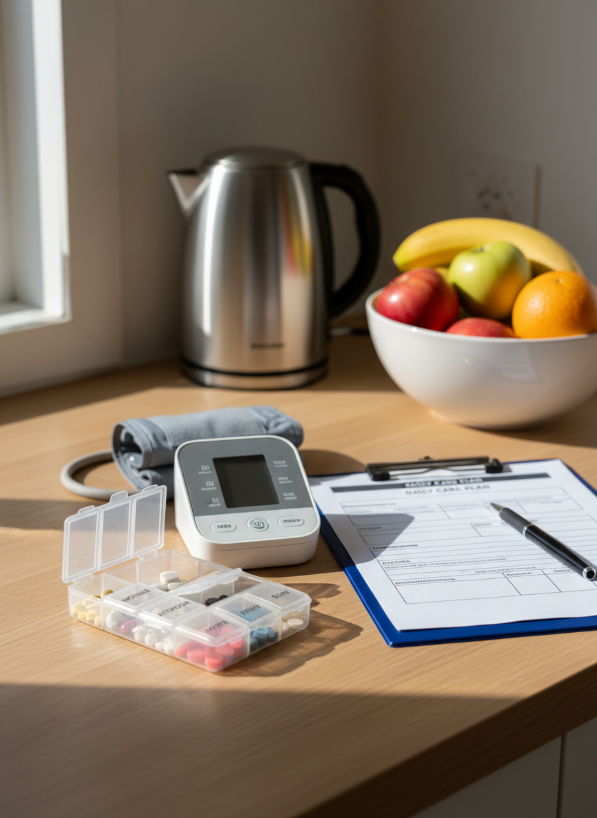 A close-up of a clean, well-organized medication station on a light oak kitchen counter, featuring a labeled weekly pill organizer, a digital blood pressure monitor, and a neatly stacked clipboard with a detailed care plan and pen. Behind them, a stainless-steel kettle and a bowl of fresh fruit sit slightly out of focus, hinting at a comfortable home environment. Soft morning sunlight streams through an unseen window, illuminating the scene with a gentle, natural glow and casting delicate shadows. Photographic realism with a slightly elevated angle and shallow depth of field, creating a professional yet homely mood that emphasizes safety, reliability, and attentive home care.