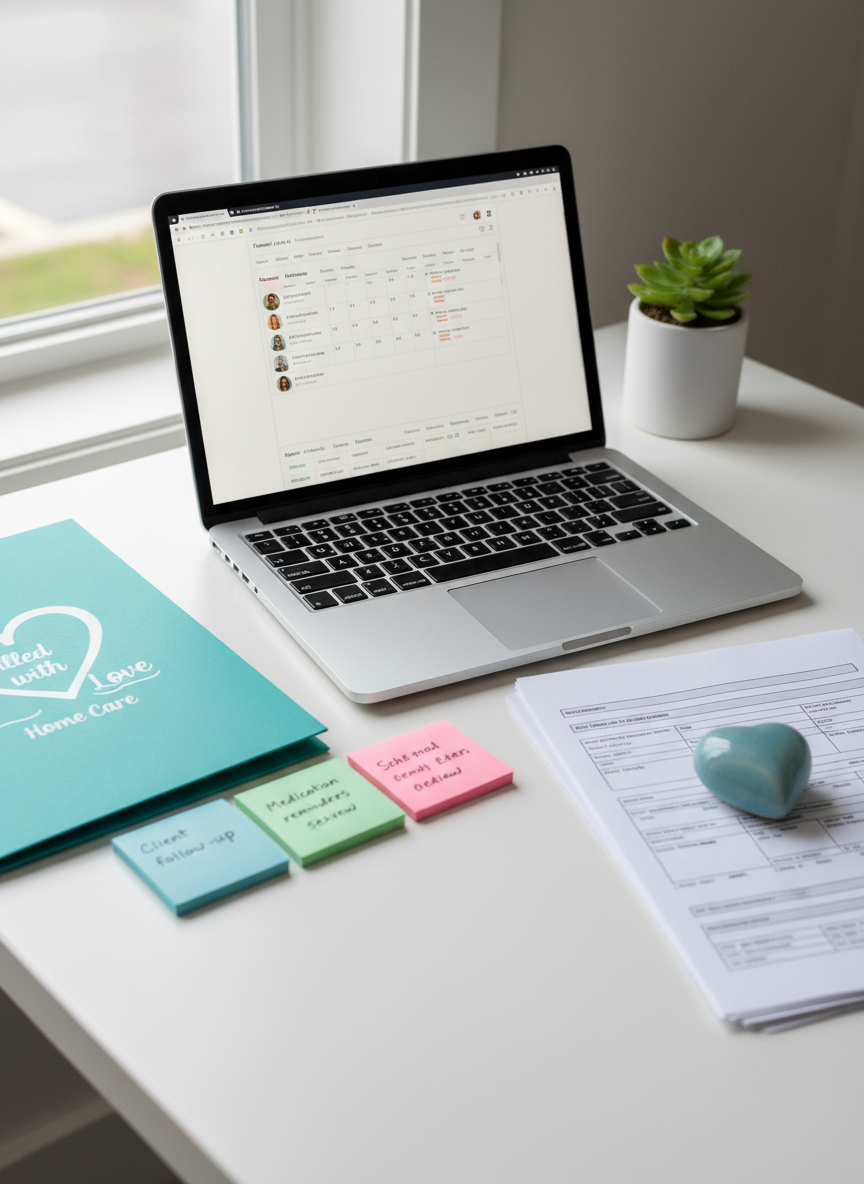 A detailed close-up of a home care documentation setup on a tidy white desk, featuring a laptop open to a professional care scheduling interface, a branded folder labeled “Filled with Love Home Care,” and color-coded sticky notes arranged neatly along the side. A small ceramic heart-shaped paperweight anchors a stack of completed forms, while a simple desk plant in a matte white pot adds a touch of life. Cool, even light from an overcast day filters through a nearby window, creating soft reflections on the laptop screen and subtle shadows. Photographic realism, shot from a slightly elevated angle with sharp focus throughout, conveying organization, reliability, and the behind-the-scenes coordination that fosters positive connections in the community.