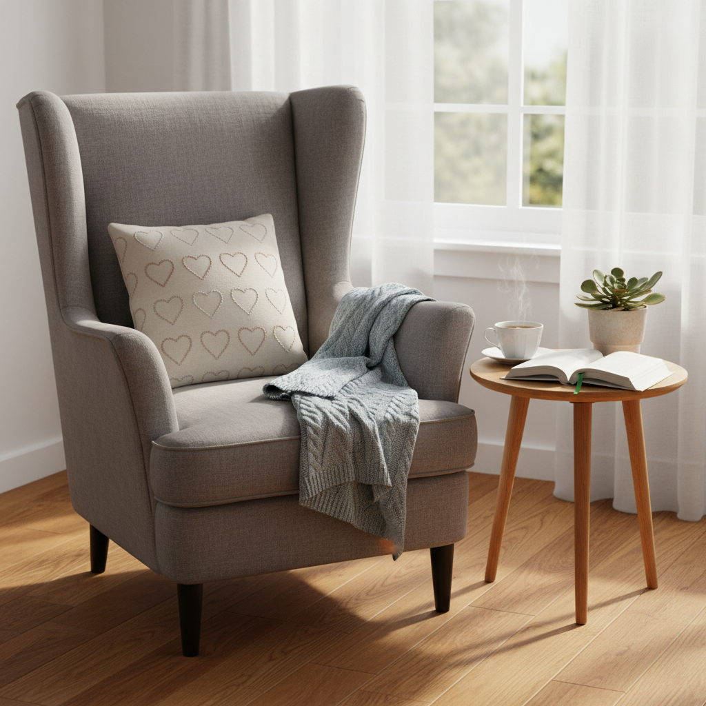 A plush, high-backed armchair upholstered in soft gray fabric, with a neatly folded pastel blue throw blanket draped over one arm and a decorative cushion embroidered with a subtle heart pattern. Beside it stands a small round side table bearing a steaming herbal tea in a white porcelain cup, an open hardcover book, and a small potted plant. The setting is a sunlit corner of a living room with warm wooden floors and a large window framed by sheer curtains. Golden hour light pours in, creating a cozy, inviting atmosphere. Captured in photographic realism from a three-quarter angle, using the rule of thirds and gentle background blur to evoke comfort, dignity, and the nurturing spirit of home care filled with love.