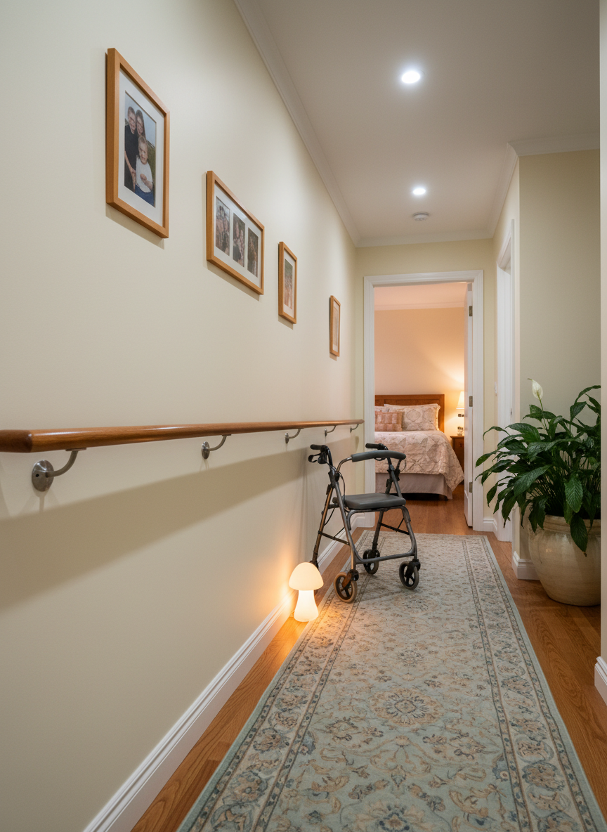 A spacious hallway in a cozy home, featuring a sturdy wooden handrail securely mounted along a light cream wall, non-slip runner carpeting, and a neatly placed foldable walker standing near the entrance to a warmly lit bedroom. A nightlight on a low shelf casts a gentle glow along the floor, complementing soft ambient ceiling lighting that avoids harsh contrasts. Framed family-style art and a potted floor plant add warmth without clutter. Photographic realism, captured from a slightly low, forward-facing angle to emphasize accessibility and safety features, with moderate depth of field. The mood is calm, secure, and thoughtfully designed, highlighting the practical adjustments that make home care safer and more supportive for daily living.