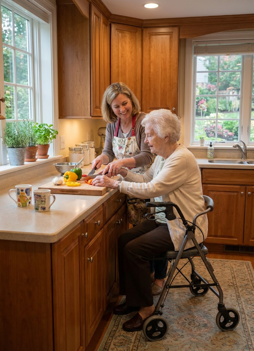 A younger woman assists an elderly woman with a walker in chopping vegetables.