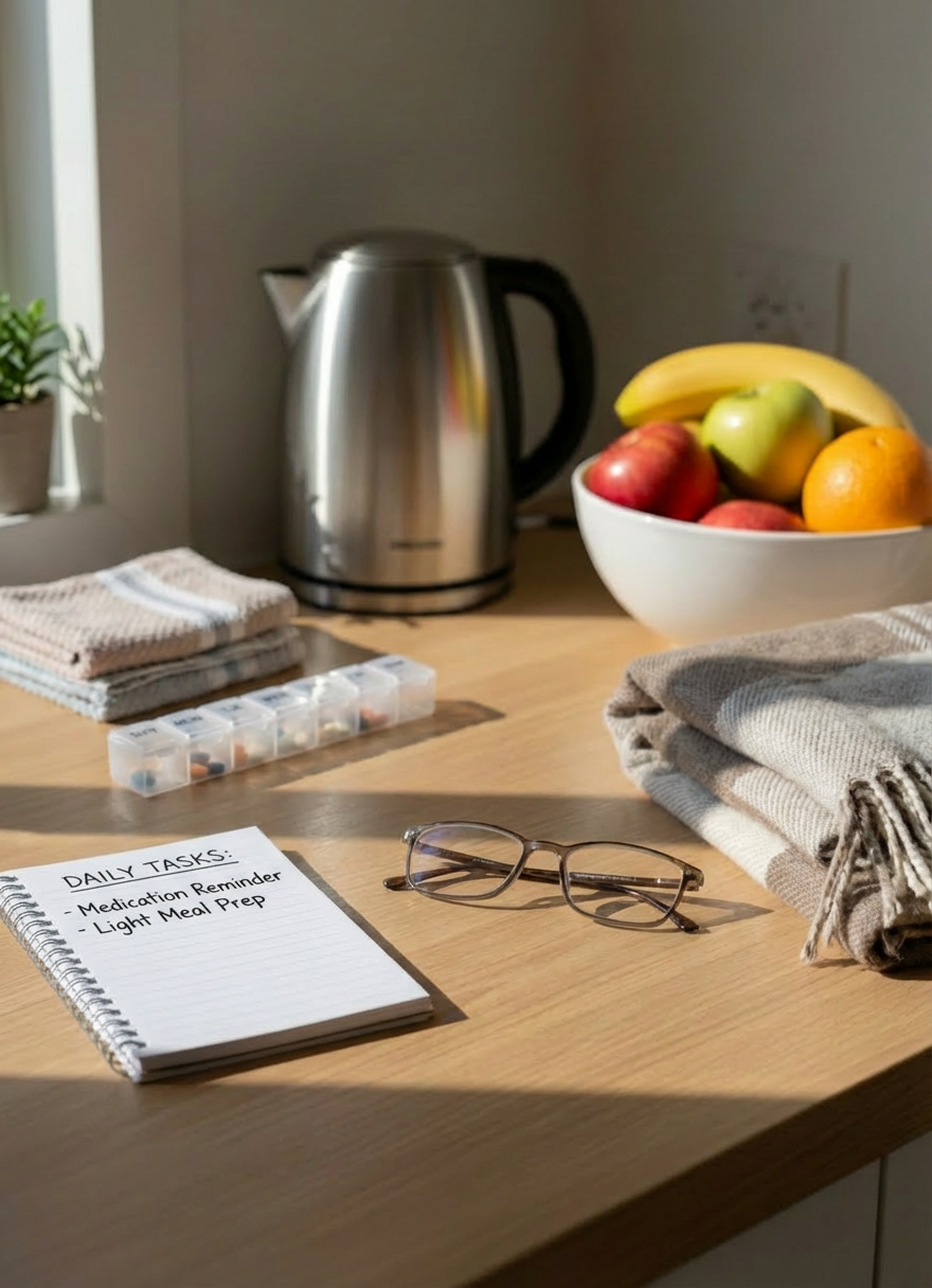 A close-up of a clean, well-organized medication station on a light oak kitchen counter, featuring a labeled weekly pill organizer, a digital blood pressure monitor, and a neatly stacked clipboard with a detailed care plan and pen. Behind them, a stainless-steel kettle and a bowl of fresh fruit sit slightly out of focus, hinting at a comfortable home environment. Soft morning sunlight streams through an unseen window, illuminating the scene with a gentle, natural glow and casting delicate shadows. Photographic realism with a slightly elevated angle and shallow depth of field, creating a professional yet homely mood that emphasizes safety, reliability, and attentive home care.